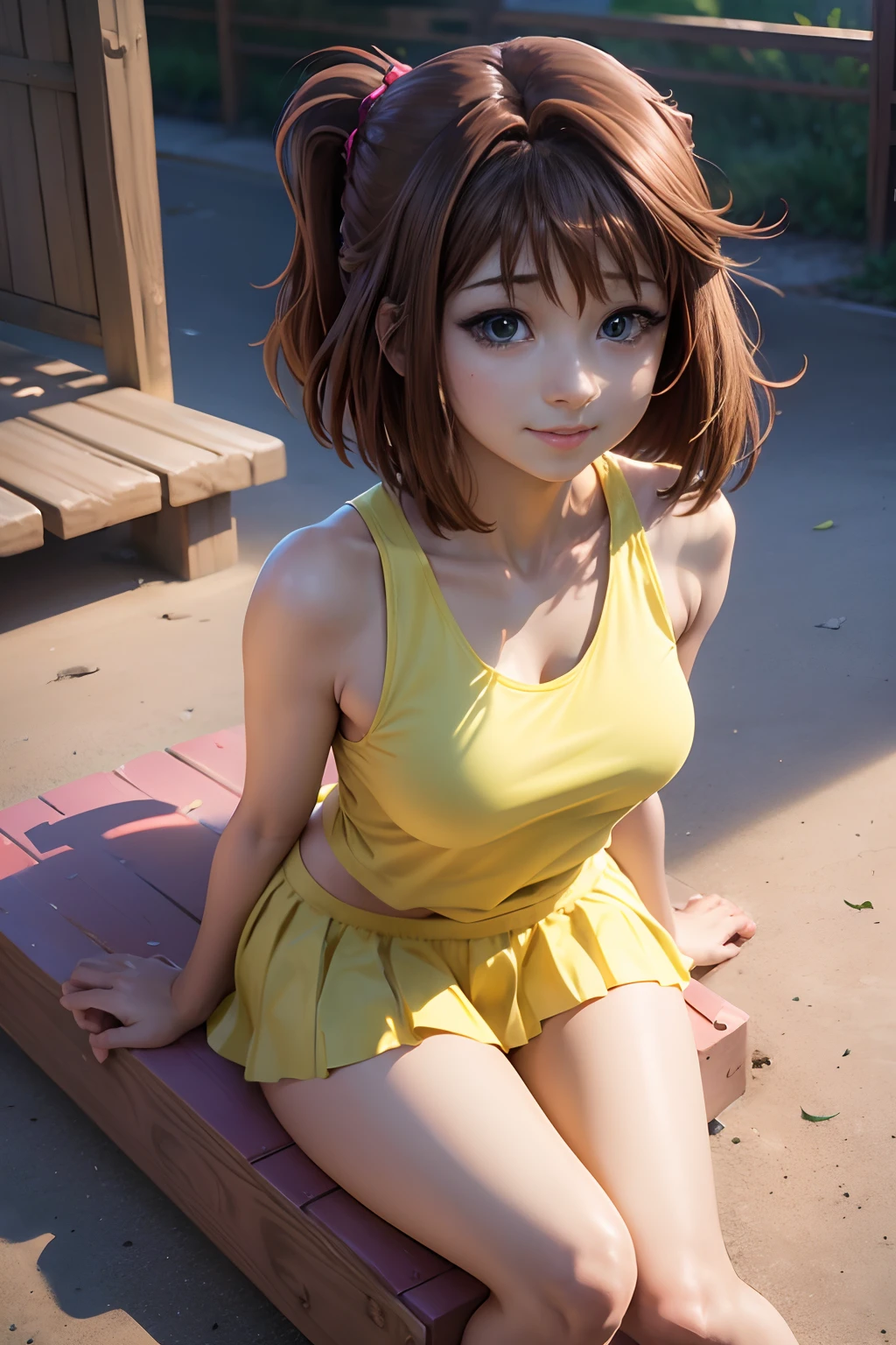 anzu, masterpiece, highest quality, beautiful and aesthetic, very detailed, realism, waifu, sexy, slim waist, prone, leaning, seductive smile, brown hair color, yellow tank top, pink skirt, pony tail, play park, full body