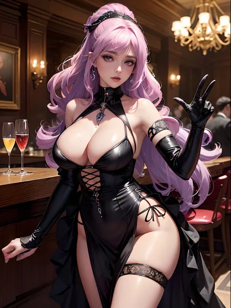 masterpiece, best quality, 1 girl, big curly hair, lilac hair, lilac eyes, detailed eyes, glowing eyes, medium breasts, in a restaurant, detailed scenery, black glove, slim belly, bad girl, sexy pose, pelvic_curtain dress, wearing a pelvic_curtain dress, m...