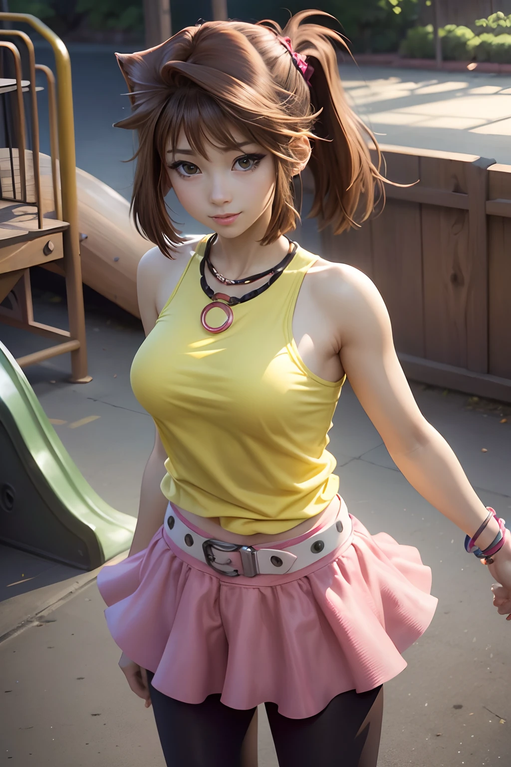 anzu, masterpiece, highest quality, beautiful and aesthetic, very detailed, realism, waifu, sexy, slim waist, standing, leaning, seductive smile, brown hair color, yellow tank top, pink skirt, pony tail, white belt, necklace, leggings, play park, full body