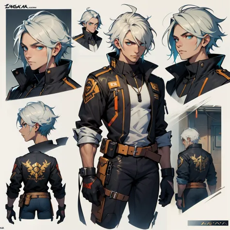 Close-up of a man in a pistol costume, ((character concept art)), ((Character design sheet, same character, on front, from on the side, At the back)) Character image, Video game character design, Video game character design, hair color: Silver with gold pa...