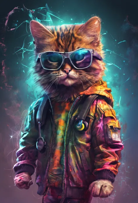 Perfect centering, a cute little cat, Wear a student team jacket, Wearing sunglasses, Wearing headphones, cheerfulness, Standing position, Abstract beauty, Centered, Looking at the camera, Facing the camera, nearing perfection, Dynamic, Highly detailed, sm...