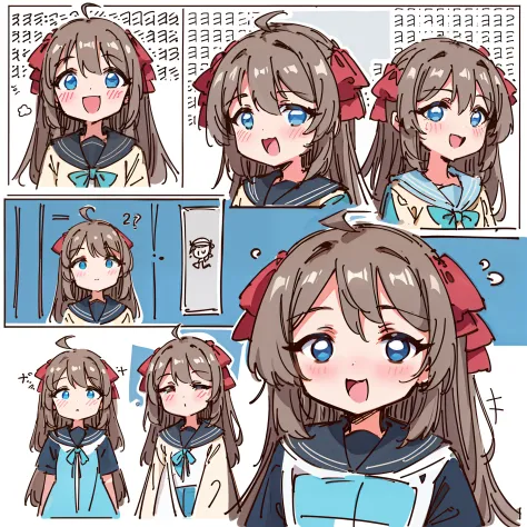 A cute girl，Various expressions，having fun，grieves，irate，expectant laughter，despondency，adorable eyes，white backgrounid，illustration-nii 5-style cute，emoji as illustration set, with boold manga line style, dynamic pose dark white, , f/64 groups, related ch...