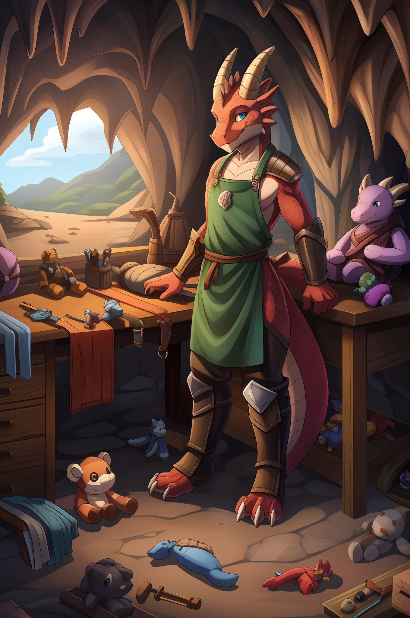 solo kobold, scales, D&D, artificer, wearing leather armor and apron, horns, in a cave, piles of plushie toys around them, fixing a plush doll at a workbench