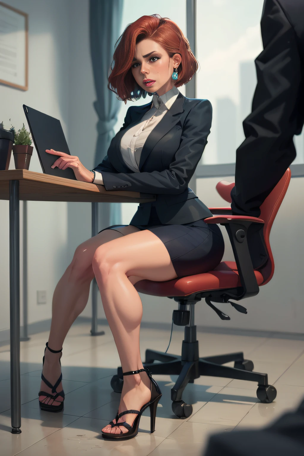赤毛, ボブヘアカット, セクシーな秘書, 筋肉質の脚, 筋肉質のふくらはぎ, 強い脚, 筋肉質なヒップ, 太ももが広い, 曲線的なヒップ, 全身ショット, ハイヒールサンダル, ネットのタイツ, スティレットヒール, ショートスカートの女性用ビジネススーツ, 大きなリングイヤリング, He really おしっこしたい, 会社で, テーブルに座っている, 電話で話す, おしっこしたい, desperately おしっこしたい, 排尿したい, 彼の顔には恥ずかしさの表情が浮かんでいた, 混乱, 絶望の表情, 泣いている, 股間を手でつまむ, スカートの裾を手でくしゃくしゃにする, 膝をくっつけて, 緊張した姿勢, 下唇を噛む, 膀胱がいっぱい, ひどくトイレに行きたい, 解剖学的に正しい, 現実的, 側面図