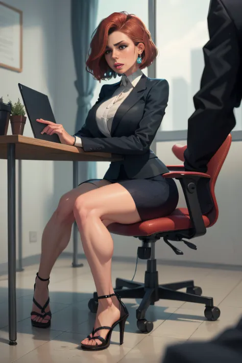 Redhead, Bob haircut, sexy secretary, muscular legs, muscular calves, Strong legs, muscular hips, wide thighs, Curvy hips, A full body shot, high-heeled sandals, tights in a net, Stiletto heels, Women's business suit with a short skirt, large ring earrings...