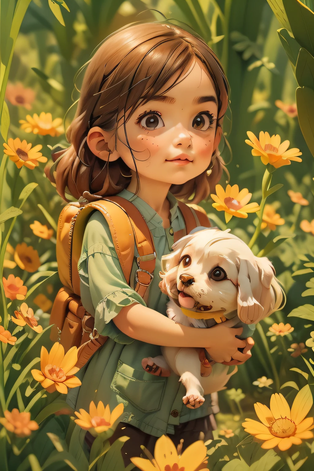 Eine sehr charmante Frau mit Rucksack und ihrem süßen kleinen Hund genießt einen schönen Frühlingsausflug umgeben von wunderschönen gelben Blumen und Natur. Die Illustration ist eine hochauflösende Illustration in 4K-Auflösung mit hochdetaillierten Gesichtszügen und Bildern im Cartoon-Stil.