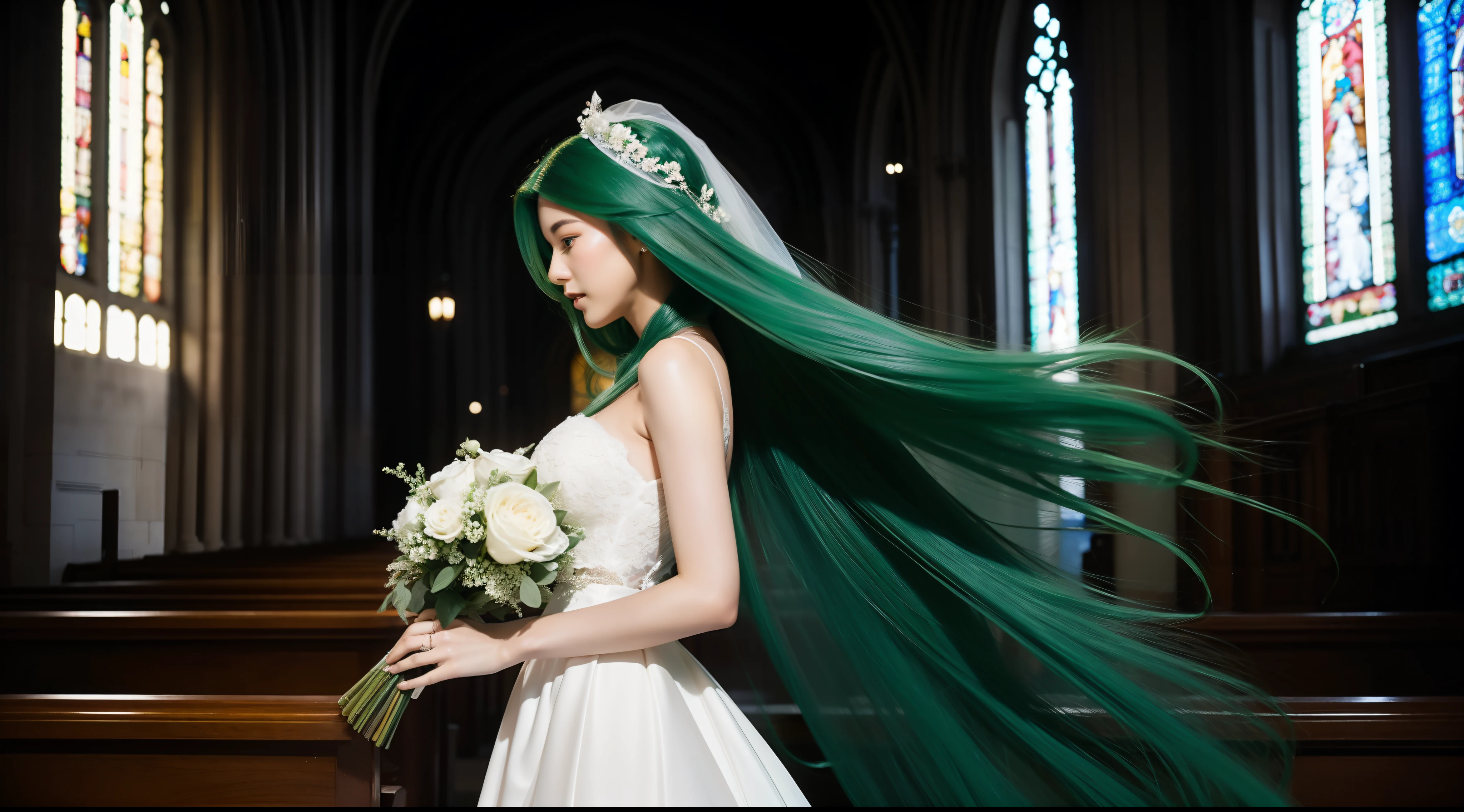 Silhouette of a beautiful woman with long green hair and big breasts  holding flowers in a wedding dress，The background is the church。 - SeaArt AI