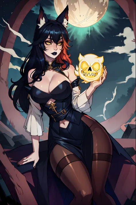 coven ahri, 1girl, dress, detached sleeves, cleavage, multicolored hair, mixed black and cream color wavy hair, curvy figure, animal ears, pantyhose, yellow eyes, very pale skin, dark makeup, black lipstick, dark ambient setting with dark illumination, set...