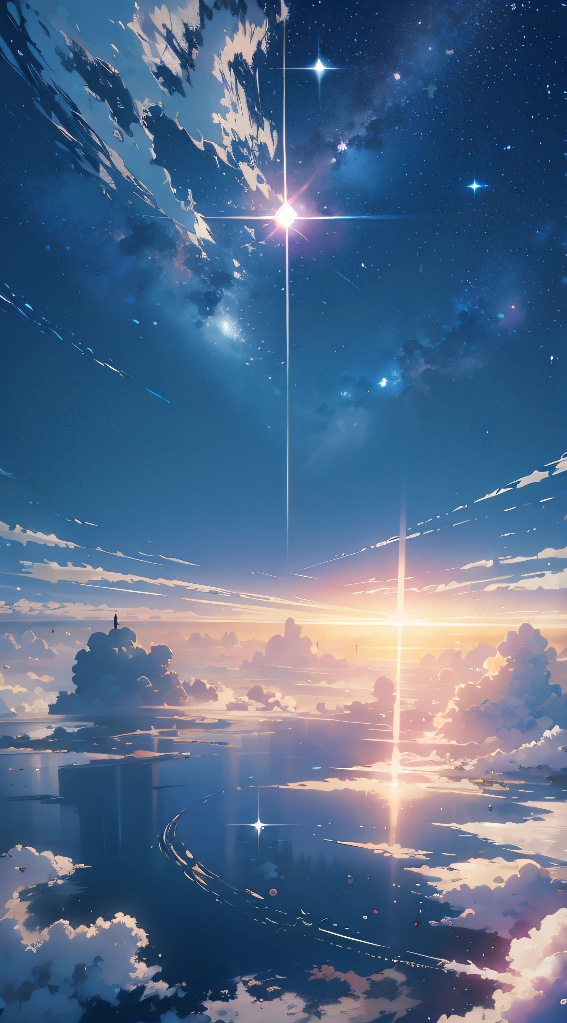 Paisaje de anime de una puesta de sol con una estrella y una persona parada en un bote., cielos cósmicos. by Makoto Shinkai, Makoto Shinkai cyril rolando, Makoto Shinkai. —h 2160, ( ( Makoto Shinkai ) ), style of Makoto Shinkai, Makoto Shinkai!, by Makoto Shinkai