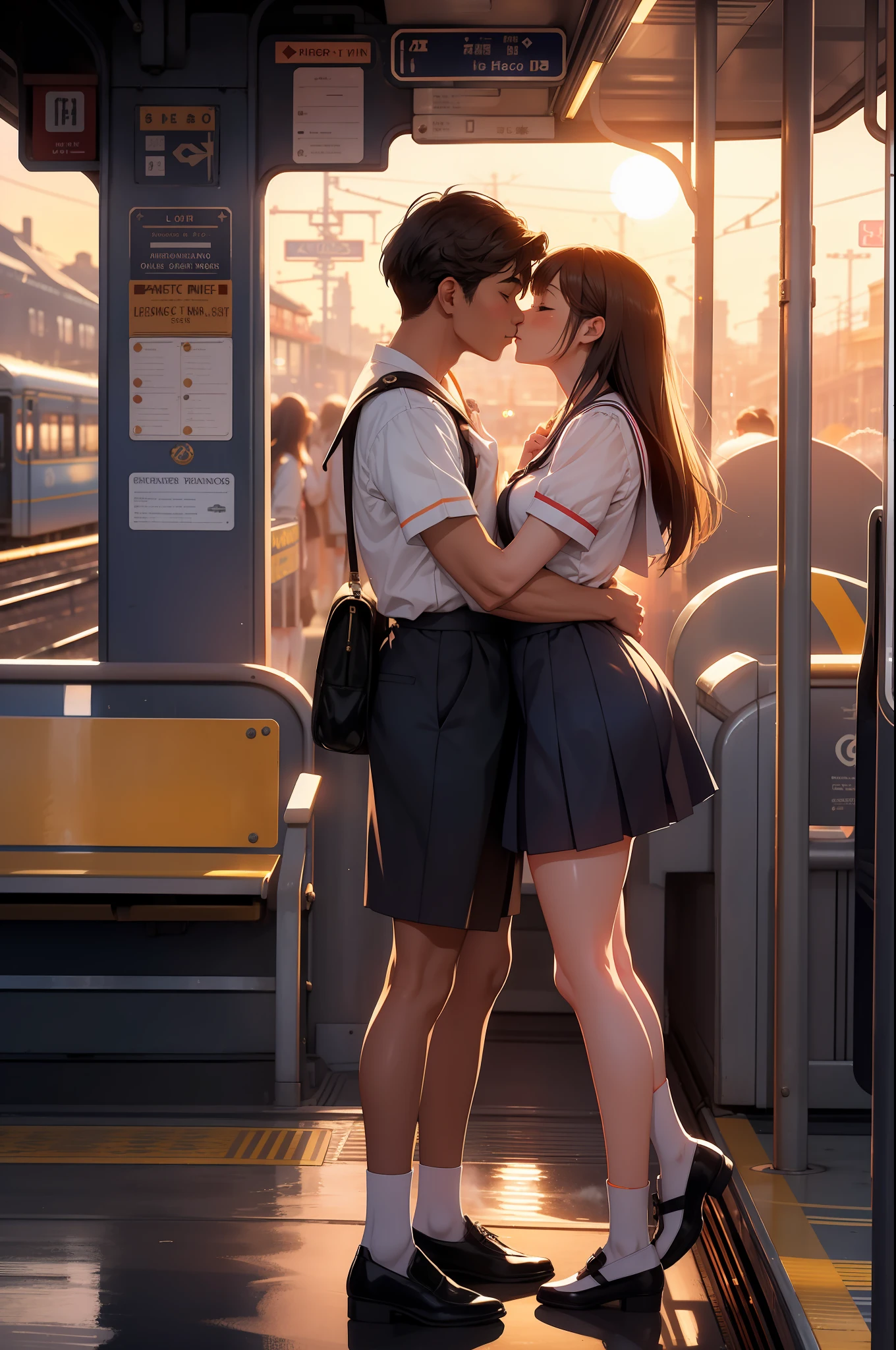 A sailor kisses his woman on the train platform，The woman wears a beautiful short skirt，Train station，Last century，Steam trains，White smoke，Crowds line up to get on the bus，early evening，the setting sun，the sunset，Orange street light，（Clear facial features）Clear facial features