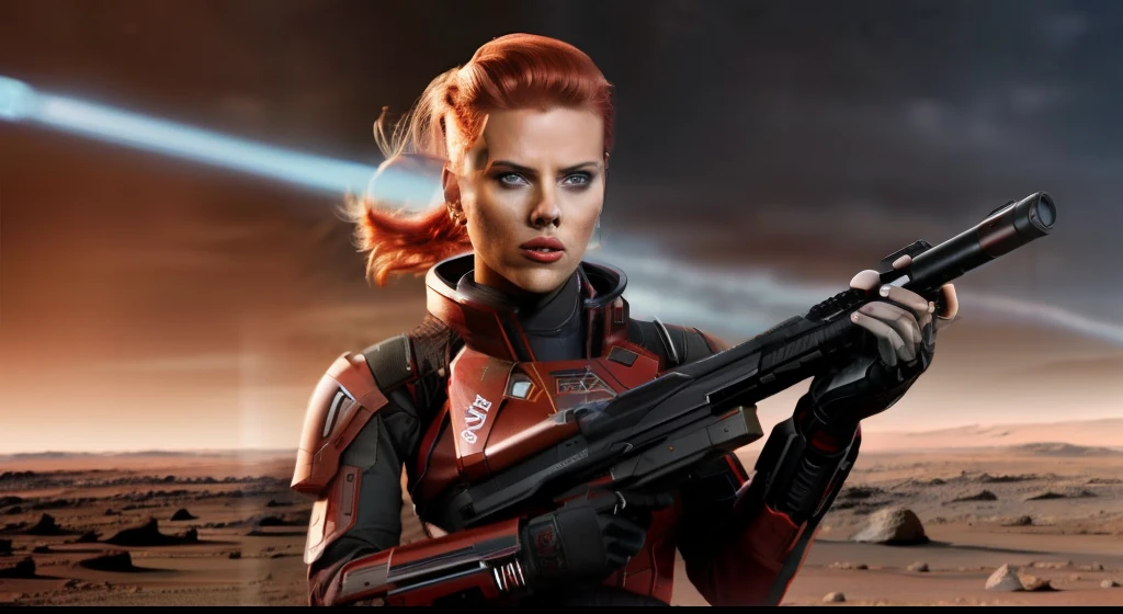 full body shot of Scarlett Johannsen holding a gun on Mars as a mass effect soldier in a futuristic outfit, (wielding a high-tech weapon), red hair, (off center), with a determined look on her face. The backdrop should depict a dystopian Martian landscape under a stormy sky.