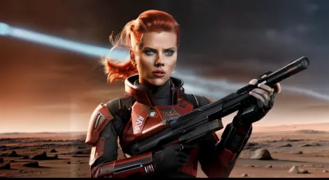 full body shot of Scarlett Johannsen holding a gun on Mars as a mass effect soldier in a futuristic outfit, (wielding a high-tec...