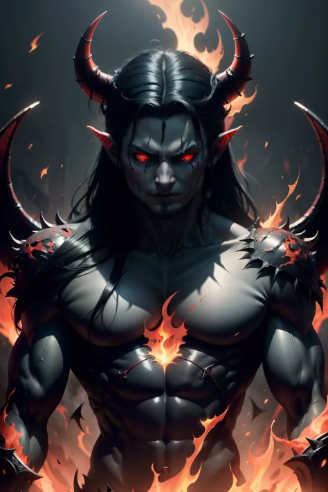 Highest quality, tmasterpiece, A demon monster with black scales, devil horns，The demons，Hellbringers，hell，There was a fire burning all around，Bloody red eyes，Exaggeration，Fierce，Burning all over the body, Ghastly，back lit lighting, 8K, Super detail, High ...