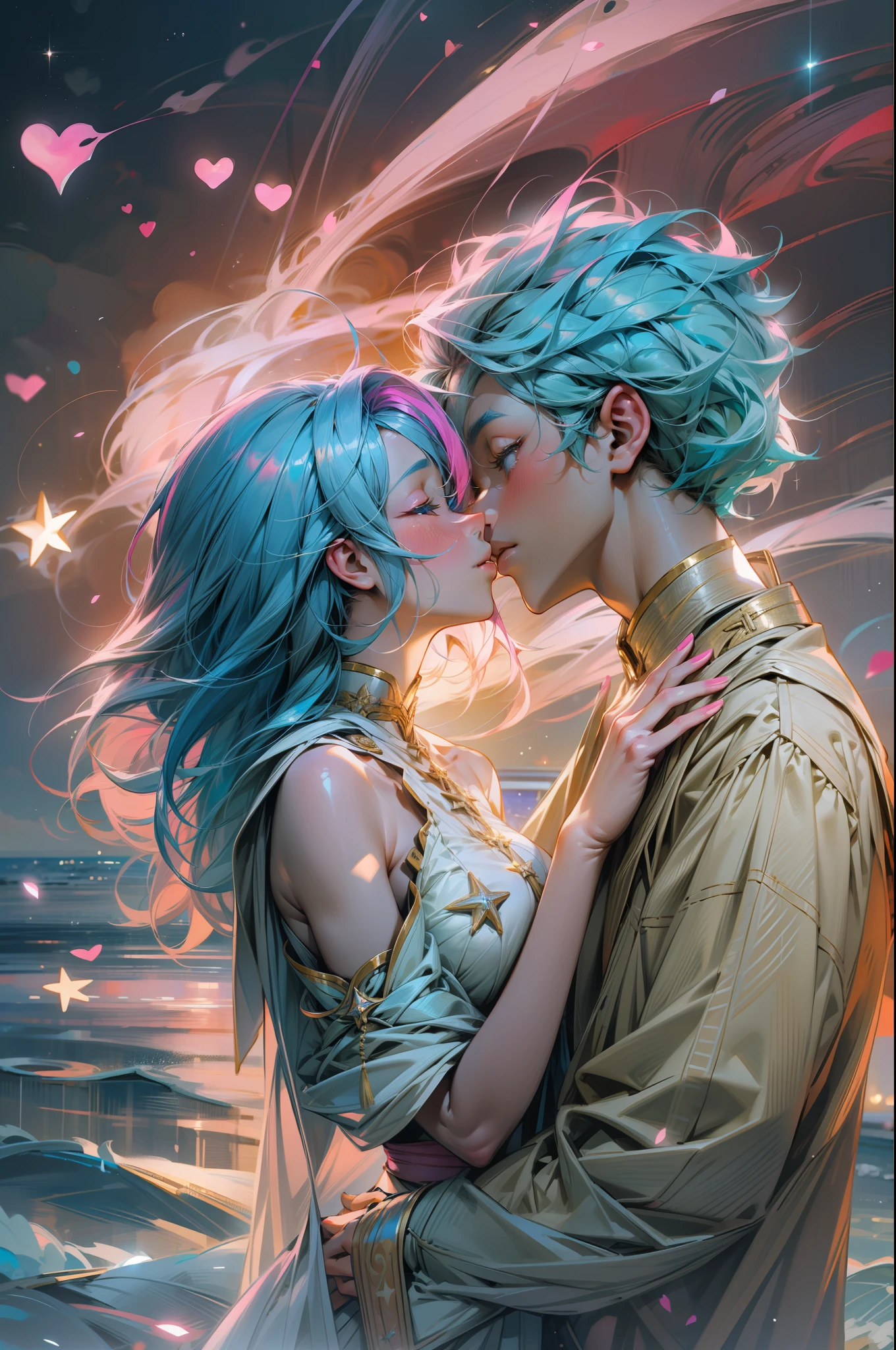 Romantic couple kissing in the wind，Blue-haired boy，Girl with pink hair，glowing stars，Glow effects，Heart-shaped bubbles，the night，On cruise ships，fire works，The face is clear and accurate，detail in face，super-fine，beachside，16K resolution，high qulity，light，High picture detail，dynamic viewing angle，Detailed pubic hair，Epic shooting，oc rendered
