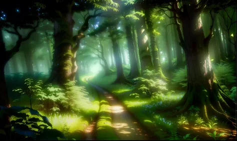 uma foto tirada de um videogame de uma floresta com um homem caminhando por ela, ambiente florestal, magical forest backround, peaceful lushious forest, forest setting, natureza anime, floresta muito bonita, magical atmosphere, arte de fundo do anime, Anim...