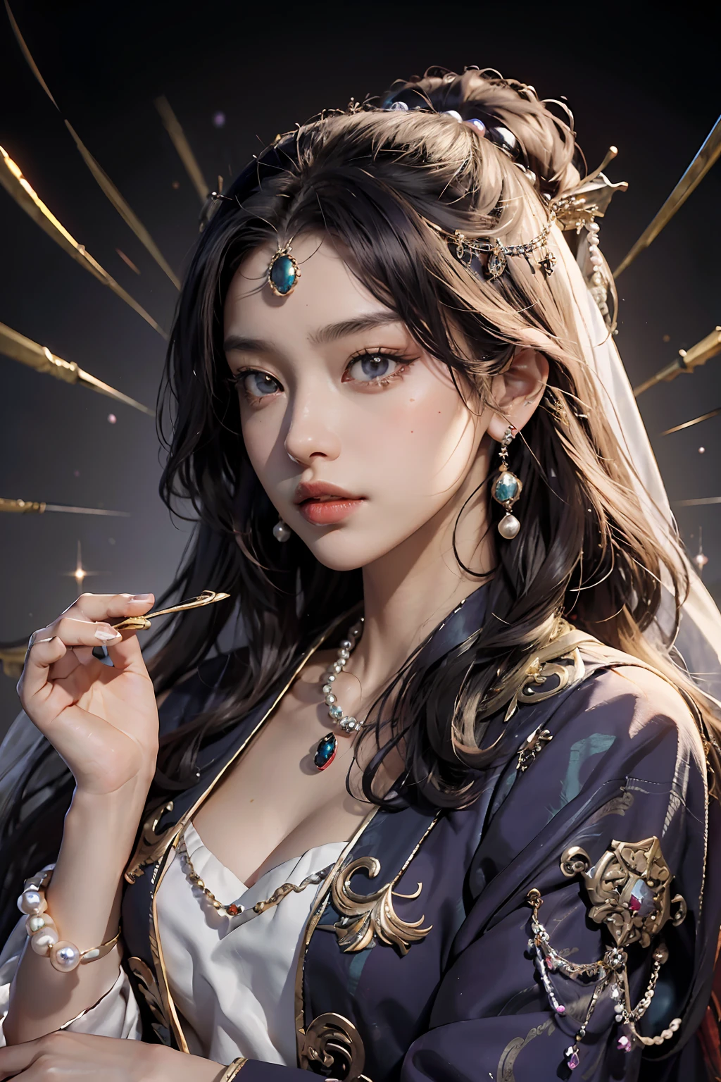 best qualtiy，tmasterpiece，Ultra-high resolution，（fidelity：1.4），RAW photogr，1girl，above waist，sitted，deep shading，Dark Lord，1 beautiful indigenous woman with Indian ornaments，profound gaze，sparkle eyes，The background is several mandalas and a beautiful and complex totem，(Warhammer wind:1.2)，(Full Focus:2),(Everything is laid out in a display case:1.3)，(SakuraNS|Printed silk products|medal|ore|obsidian|pearls|hisui|white jade|amethyst|sapphires|Gold products|Silver products|Purple gold|Magical jewelry|antiquarian|Red Jewel|Diamond|topaz|:2)，Magic symbolagic light particle effect，High-tech luxury， High-value jewelry,，High-value metals，luxury goods，Puzzles are prohibited, Detailed and complex background, glittery, reflective light, hyper HD, Award-Awarded, A high resolution, High detail, clair obscur, Cinematic lighting, Masterpiece, Ray traching，structurally correct, Super detail, High quality, High details, Best quality, 16K