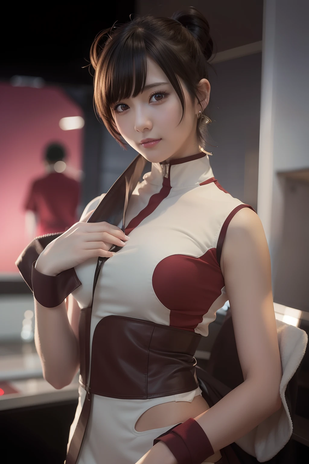 1girl, tenten in anime naruto, short hair, sexy dress, black hair, brown eyes, smile, beautiful, white and red clothes, very big breast, sexy clothes, realistic clothes, detail clothes, indoor wallpaper, wallpaper realistic, wallpapaer detail, indoor background, ultra detail, realistic