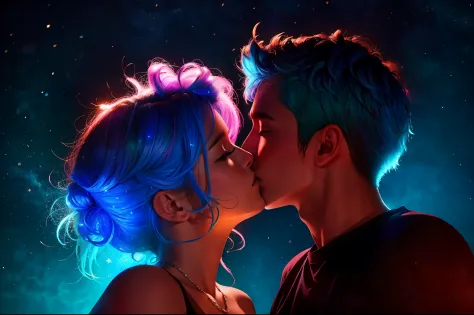 Romantic couple kissing in the wind，Blue-haired boy，Girl with pink hair，glowing stars，Glow effects，Heart-shaped bubbles，the night，On a cruise ship，fire works，The face is clear and accurate，detail in face，super-fine，beachside，16K resolution，high qulity，电影灯光...