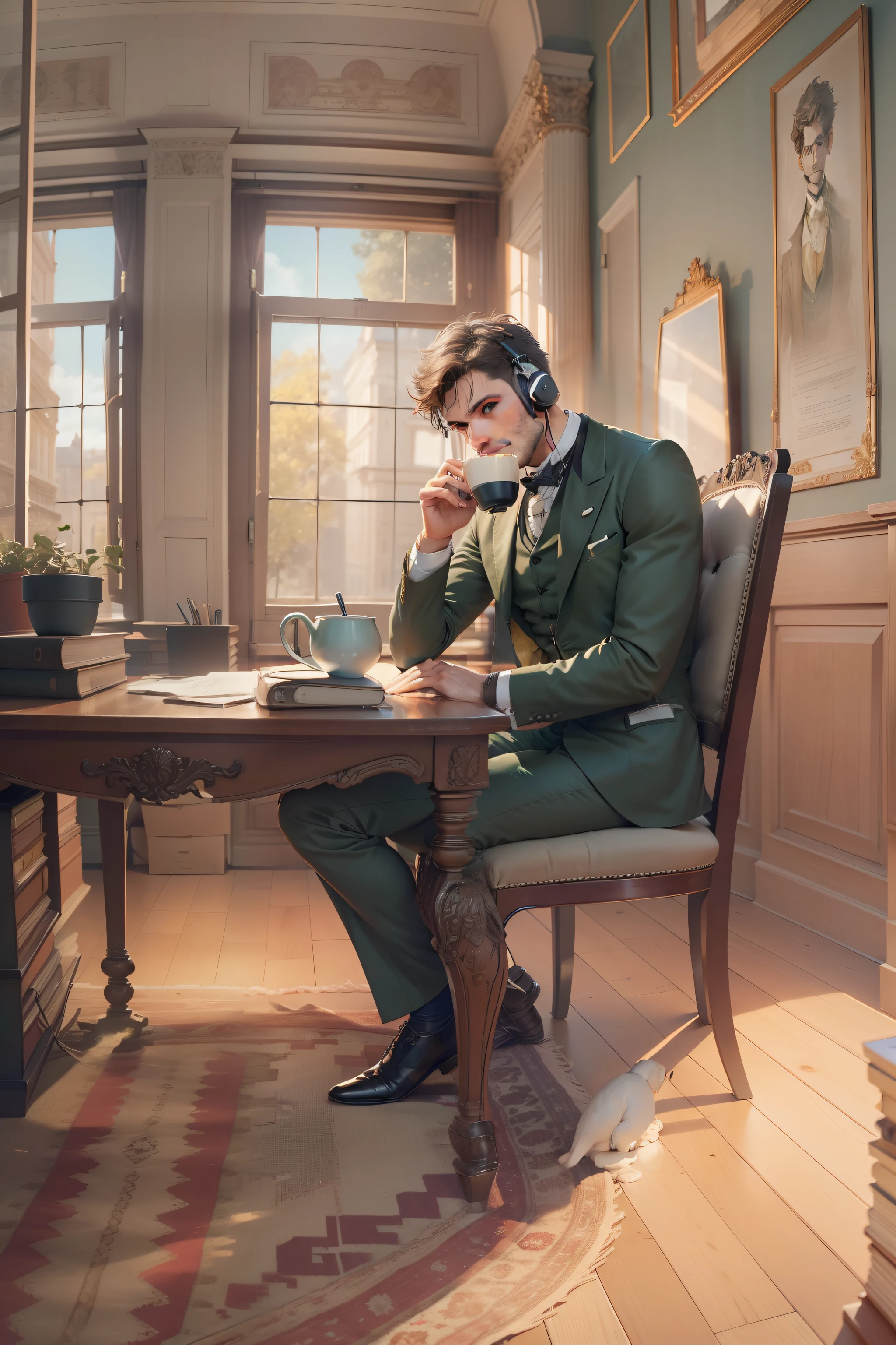 一名男子坐在 19 世纪书房的书桌后面, 灰绿色的眼睛, 短发, 褪色, 3天胡茬, 拿着一杯茶, 头戴式耳机, 全景, 暖光, 套装