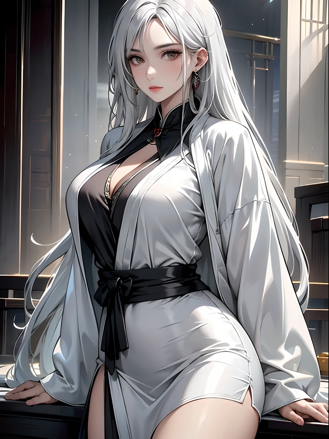 high resolution, 1womanl, Solo, Hips up, view the viewer, (Detailed face), White hair, Long hair, taoist robe,Oversized clothes, jewelry, midjourney portrait