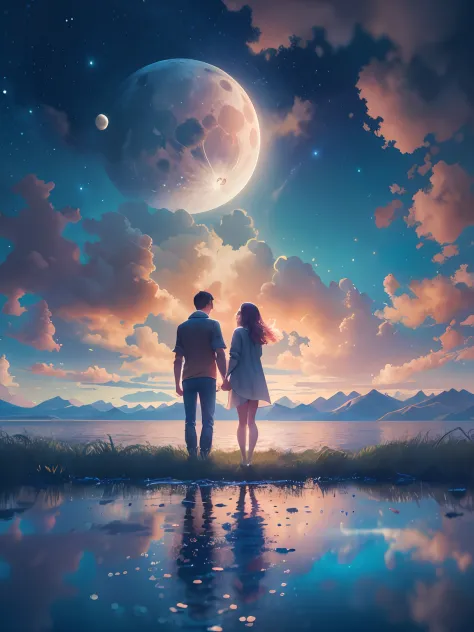 (((masterpiece))),best quality, illustration,  sky, cloud, star \(symbol\),1man, 1girl, couple, intimate, lovers, night, moon, n...