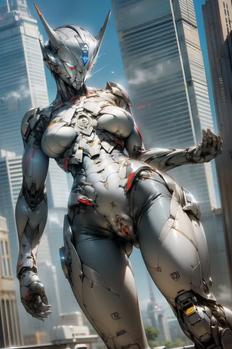 （masterpiece、8K、Ultra-delicate、hight resolution），(((Female Ultraman)))，(((No muscles，large Boob)))，(her head is tapering,The body is made of red and silver，The arms present a streamlined design，On the chest there is a round calculator，Looks tall and thin，T...