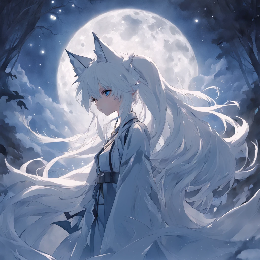 A woman with long white hair standing in front of a full moon - SeaArt AI