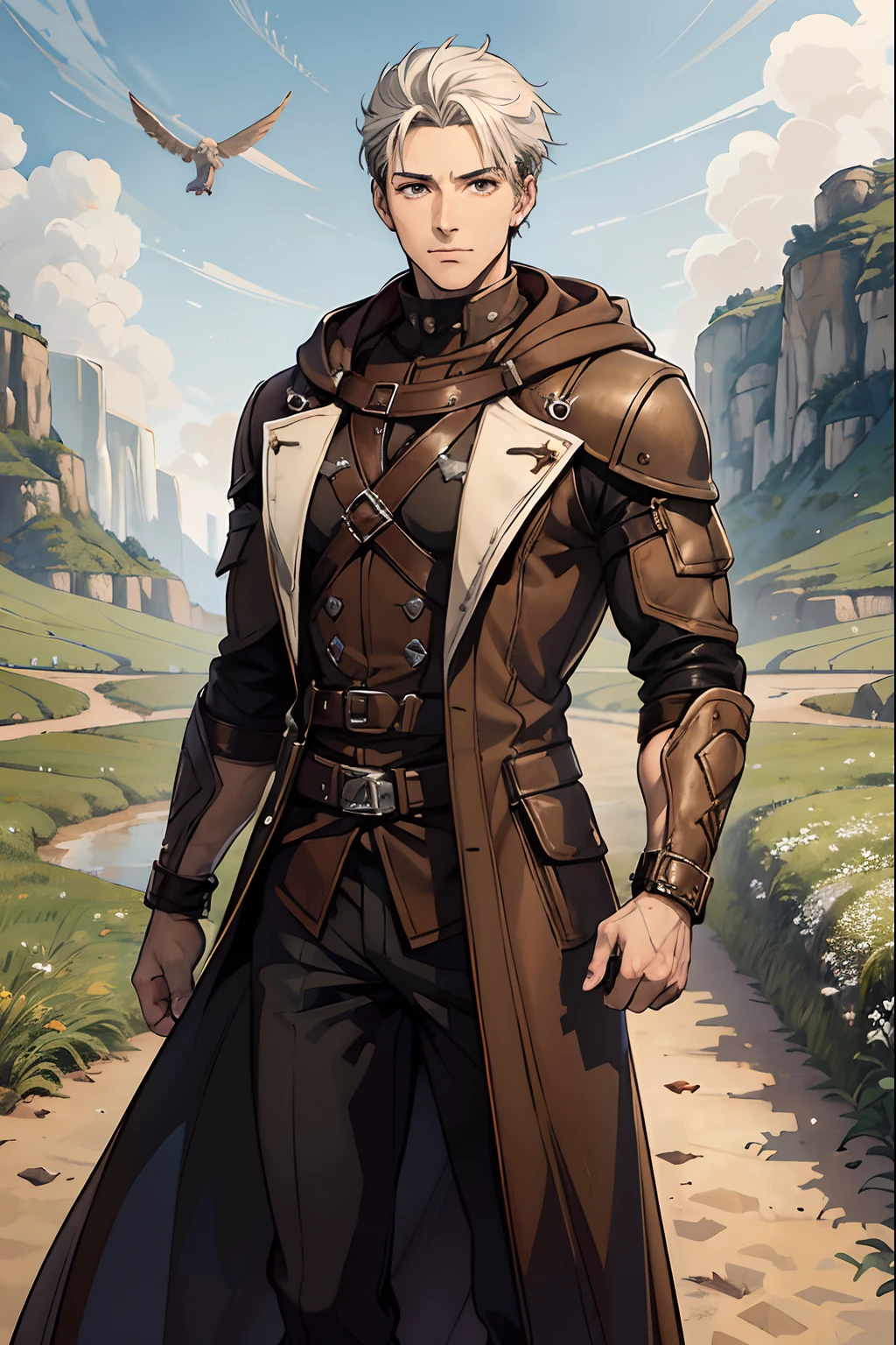 brown Leather Hood, open coat, poor clothing, brown clothing, young adault, 20 years, muscular, short hair, white hair, brown eyes, detailed brown eyes, beautiful eyes, unarmed, tall, strong, scars, detailed hands, masterpiece, dirt path background, fields background, adventure world