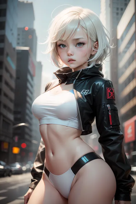 cute female child，long eyelasher，美丽细致的眼睛，Russia，swim wears，extra very short hair，white color hair，By bangs，Martial artist，messy  hair，scifi style，Cyberpunk clothes，final fantasy style，Symphony 2.5D，Half-body bust