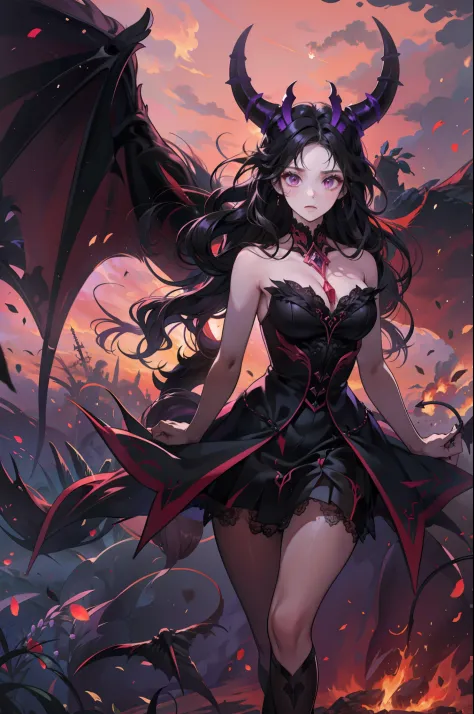 In the background is a succubus flying in a purple-red burning sky，Fly in the sky，Fly，burning background，Extra-long black hair，Beautiful hair，Purple eye，There are horns on the head，Demon's wings，Black dress，short  skirt