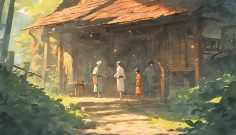 Illustration of Luca's encounter, Miserable young fisherman, and Elius, Wise elders, In front of the cottage, They shared a profound conversation，This will change the trajectory of Lucca's life
