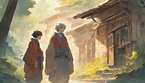 Illustration of Luca's encounter, Miserable young fisherman, and Elius, Wise elders, In front of the cottage, They shared a profound conversation，This will change the trajectory of Lucca's life