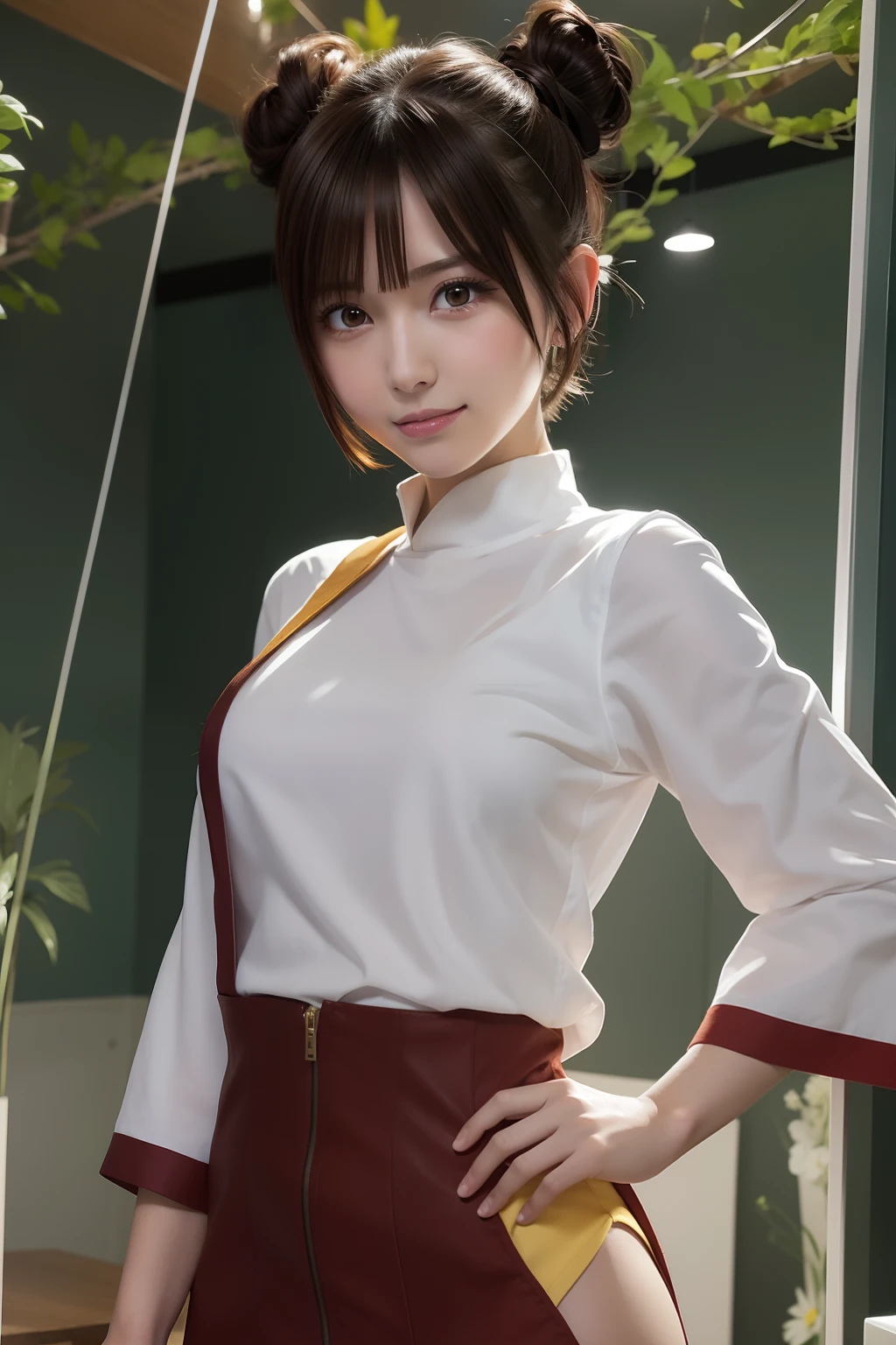 1girl, tenten in anime naruto, short hair, sexy dress, brown hair, yellow eyes, smile, beautiful, white and red clothes, very big breast, sexy clothes, realistic clothes, detail clothes, indoor wallpaper, wallpaper realistic, wallpapaer detail, indoor background, ultra detail, realistic