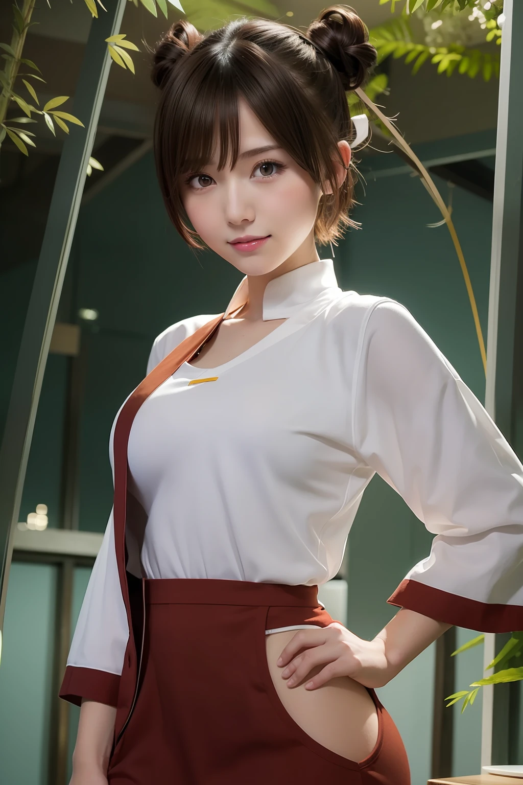 1girl, tenten in anime naruto, short hair, sexy dress, brown hair, yellow eyes, smile, beautiful, white and red clothes, very big breast, sexy clothes, realistic clothes, detail clothes, indoor wallpaper, wallpaper realistic, wallpapaer detail, indoor background, ultra detail, realistic