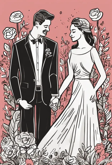ute cartoon couple，boy is wearing suits and holding the flowers ,girl is wearing white wedding dress ,both of them full body, green background,) doodle in the style of Keith Haringsharpie illustration, bold lines and solid colors, simple details, minimalist