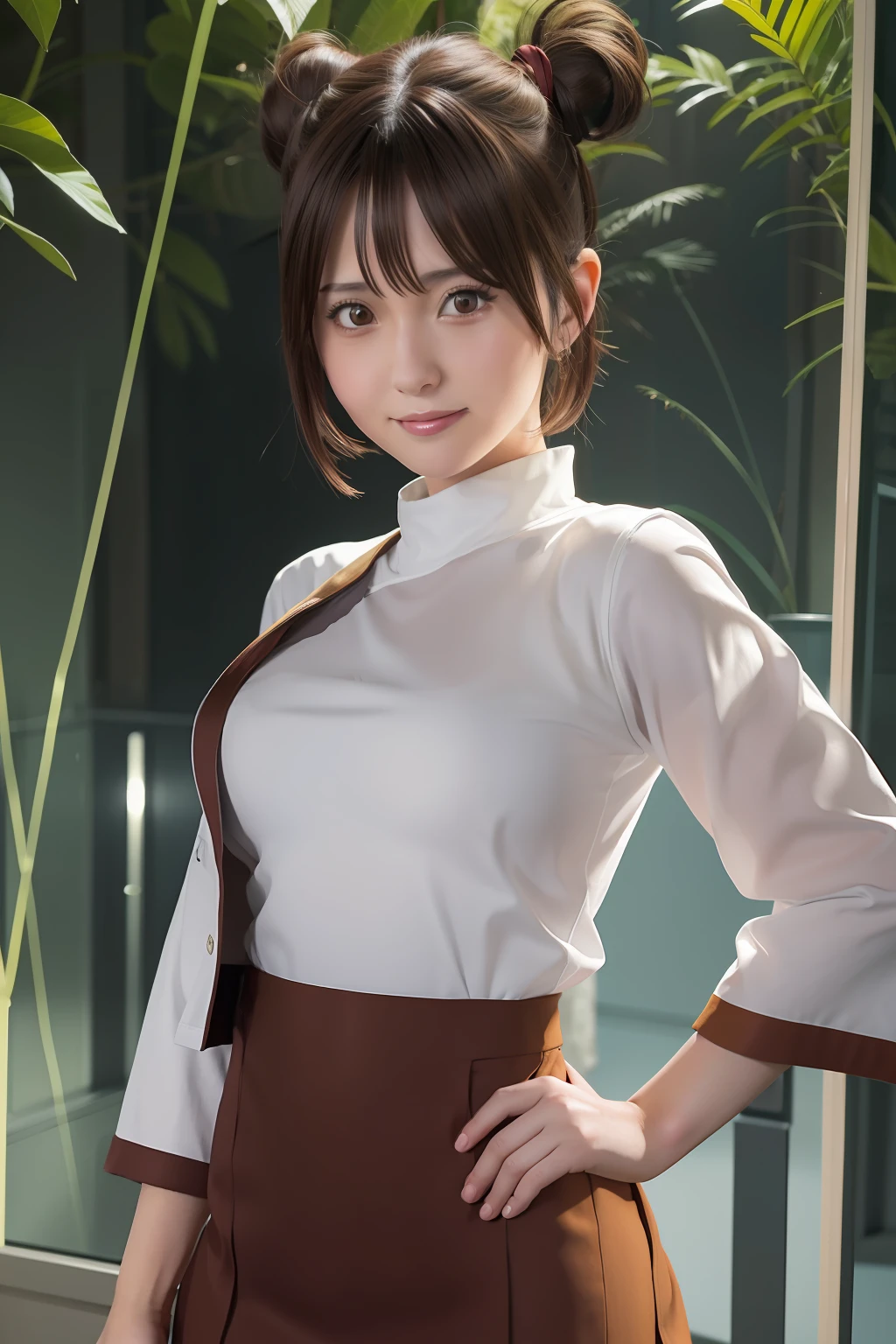 1girl, tenten in anime naruto, short hair, sexy dress, brown hair, yellow eyes, smile, beautiful, white and red clothes, very big breast, sexy clothes, realistic clothes, detail clothes, indoor wallpaper, wallpaper realistic, wallpapaer detail, indoor background, ultra detail, realistic