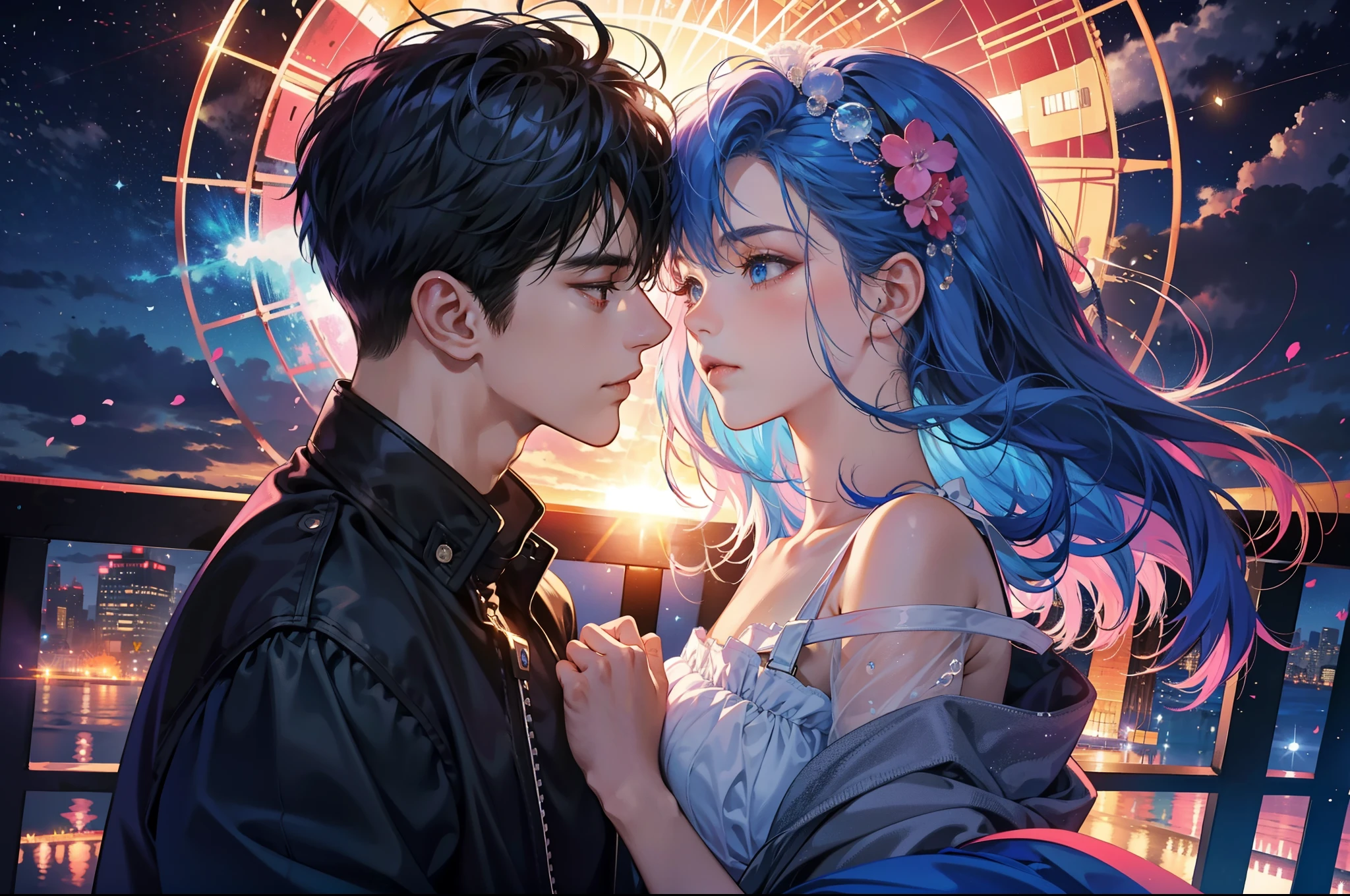 Anime couple in front of ferris wheel at night - SeaArt AI