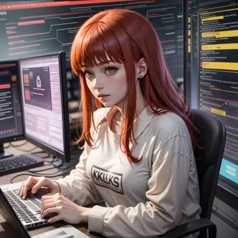 A hacker talking about cybersecurity: red hair with bangs without burrow, white shirt