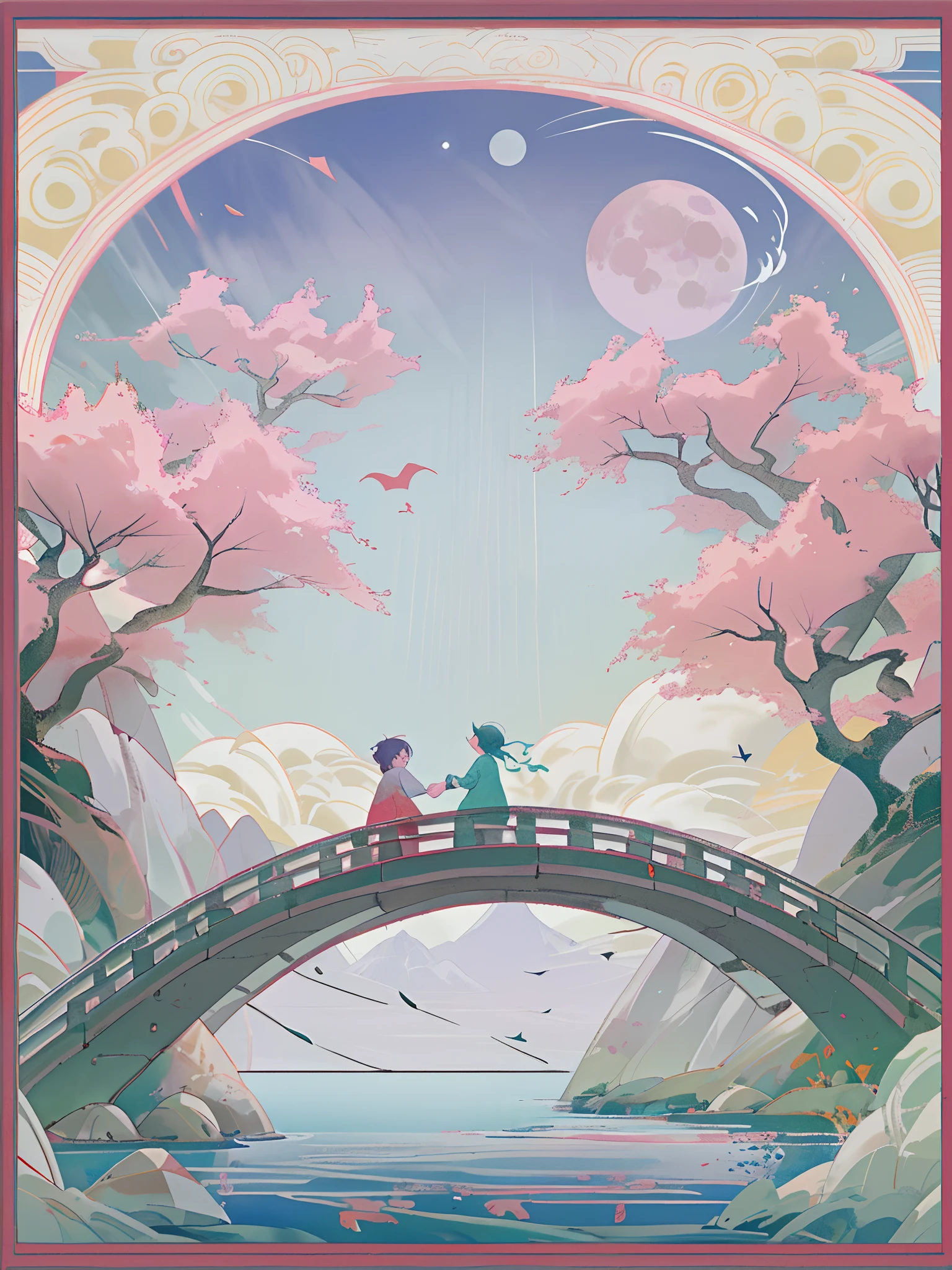 Un niño y una niña se encuentran en un puente，Tanabata poster design pattern，Tonos rosados，Azul púrpura，Escenas de ensueño，una paleta de colores cálidos，Puente de arco de nubes，la luna enorme，fuegos artificiales，cielo estrellado，Composición del triángulo de urraca，rico en detalles，vista hacia abajo，tiros largos，pintura tradicional china，salida，agua de montaña，propicio，Fondo de color pálido，mejor calidad，pasteles，iluminación suave，4k，A plant