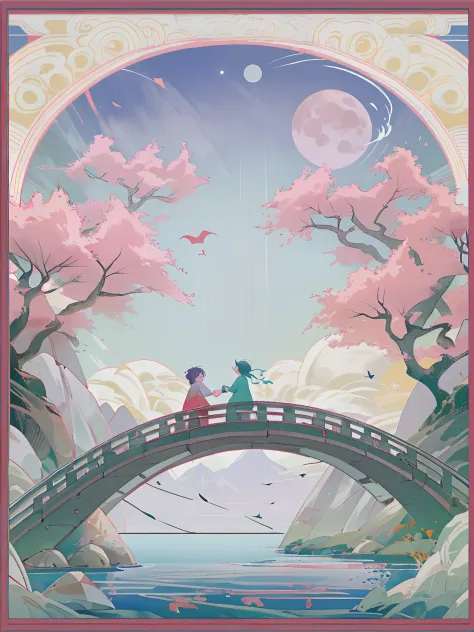 A boy and a girl meet on a bridge，Tanabata poster design pattern，Pink tones，Blue-purple，dreamy scenes，a warm color palette，Cloud...