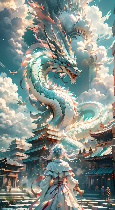 The Chinese White Divine Dragon soared into the air，（Girl manipulates dragons：1.3），（The girl has her back to the camera：1.3），Sky clouds surround the surroundings，Light magic，Fantastic background，Meaning background，Ridiculous background，There are artistic overlays，multicolored hair, surrealism, Cinematic lighting, Ray tracing, god light, speed-line, angle of view, hyper HD, Masterpiece, Best quality, Super detail, A high resolution, High quality，（Far view：1.3）