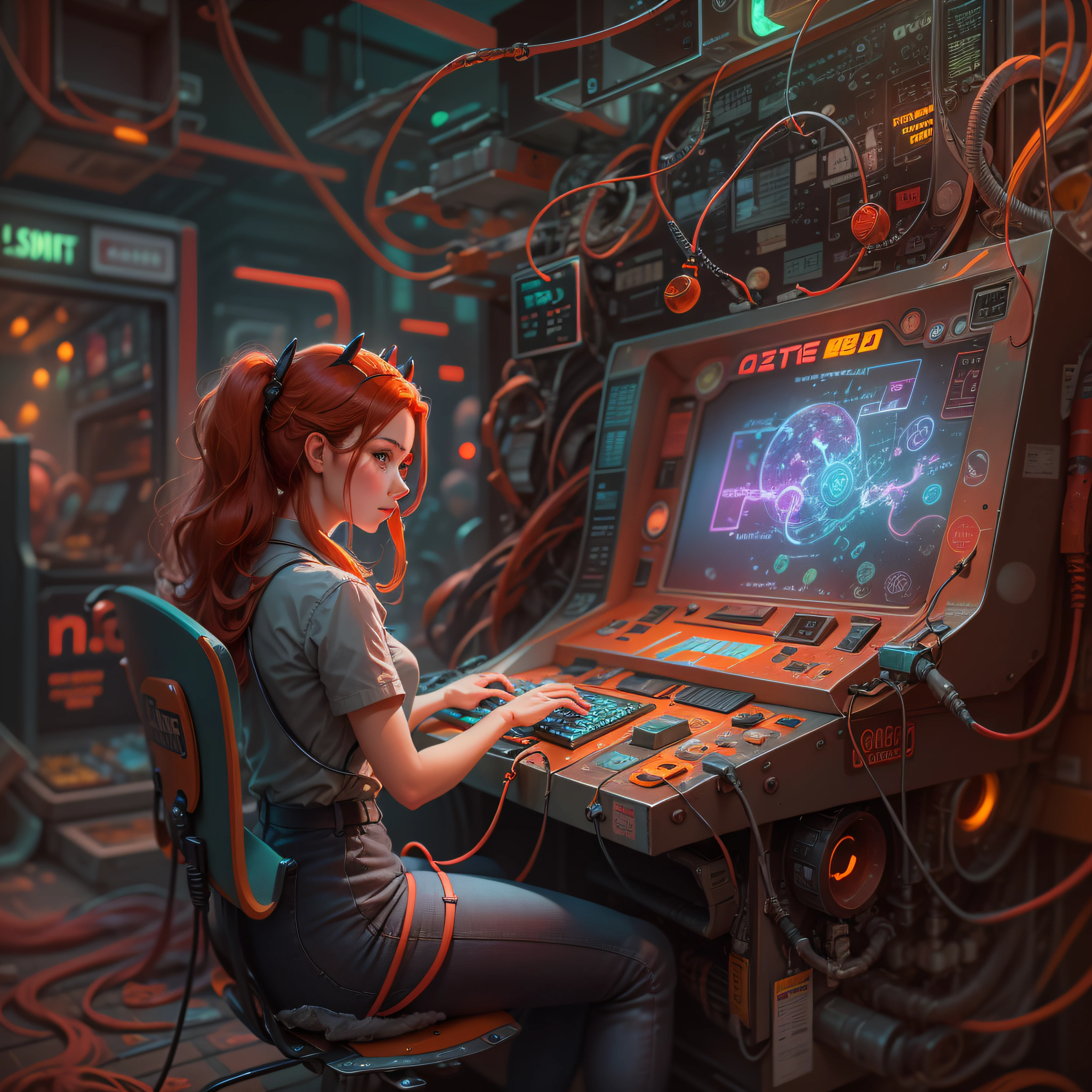 A girl working on a retrofuturism scene of an arcade wired mess on macbook, mechanical delay, wiring components, ultrago austin metal wiring, iris van Buren, Karol Bak, Kiichi Obituary by Beksinski, david falls fanart gadget machine, red hair, hacker, sexy.