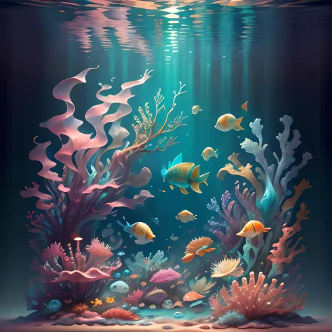 "A mesmerizing and enchanting depiction of a vibrant underwater world, featuring a solitary fish gracefully swimming amidst a se...