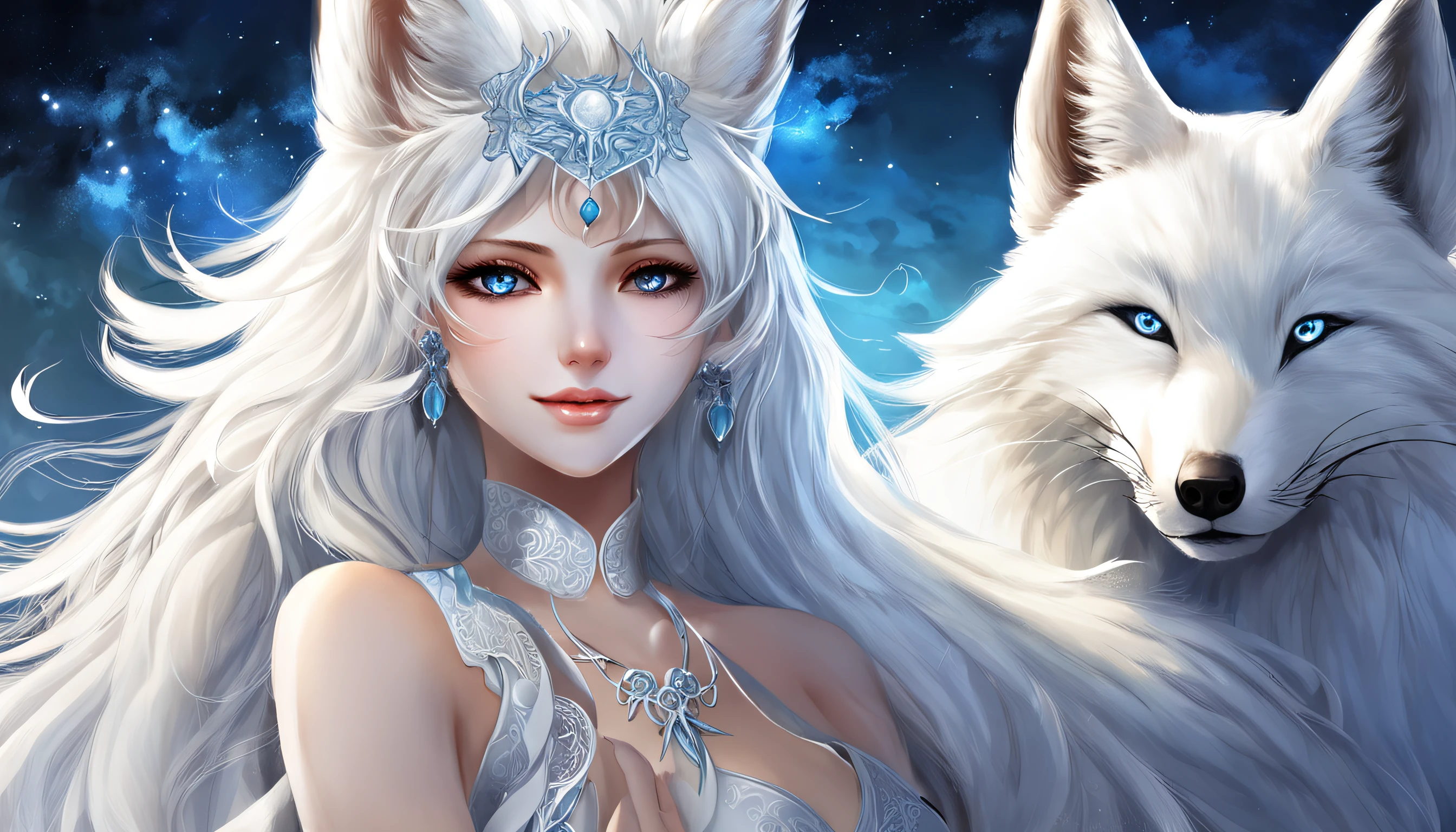 Chica anime con pelo blanco y ojos azules y un lobo - SeaArt AI