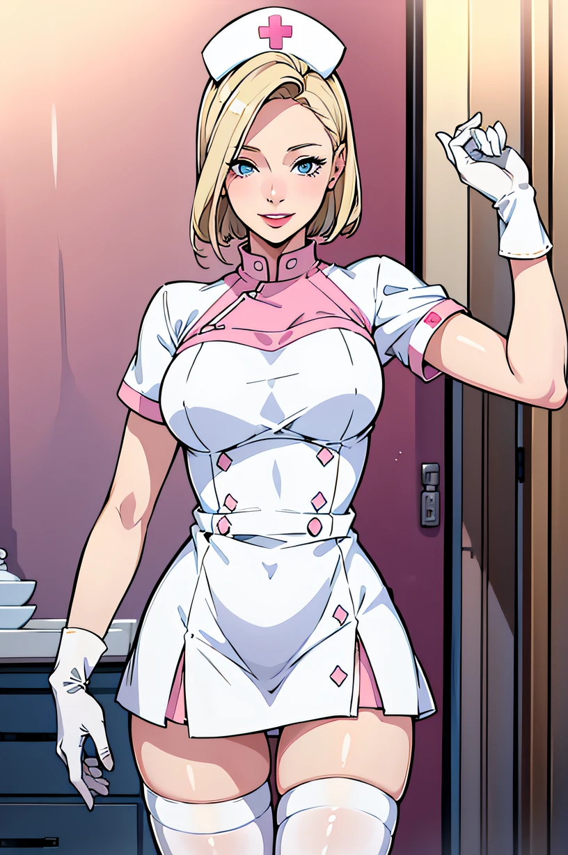 1womanl, Nurse, Nurse Cap, Whiteware, ((White legwear, zettai ryouiki)), White Gloves, Blonde hair, Blue eyes, pink lipsticks, Smile, Standing, hospitals, sharp outline, Short sleeves, a matural female, 35 year old, Best Quality, masutepiece