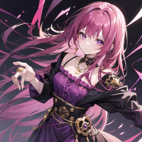 Dark pink hair and clothes，Black and purple clothes，and gold jewelry，She is a very proud queen sister