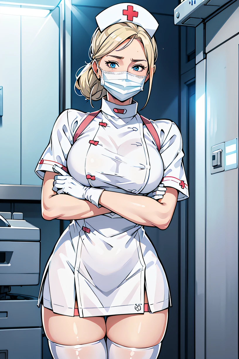 1womanl, Nurse, Nurse Cap, Whiteware, ((White legwear, zettai ryouiki)), White Gloves, Blonde hair, Blue eyes, ((White surgical mask, Cover the nose)), Standing, hospitals, sharp outline, Short sleeves, a matural female, 35 year old, Best Quality, masutepiece