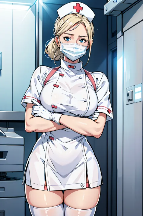 1womanl, Nurse, Nurse Cap, Whiteware, ((White legwear, zettai ryouiki)), White Gloves, Blonde hair, Blue eyes, ((White surgical ...