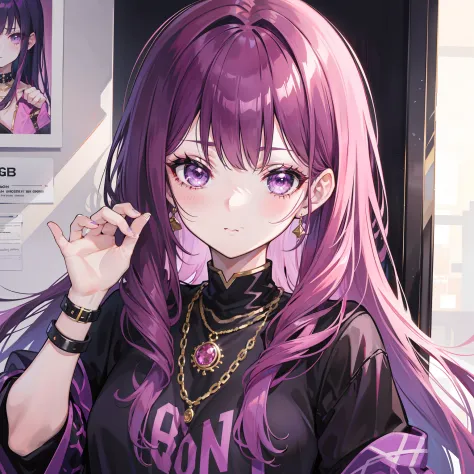 Dark pink hair and clothes，Black and purple clothes，and gold jewelry，She is a very proud queen sister