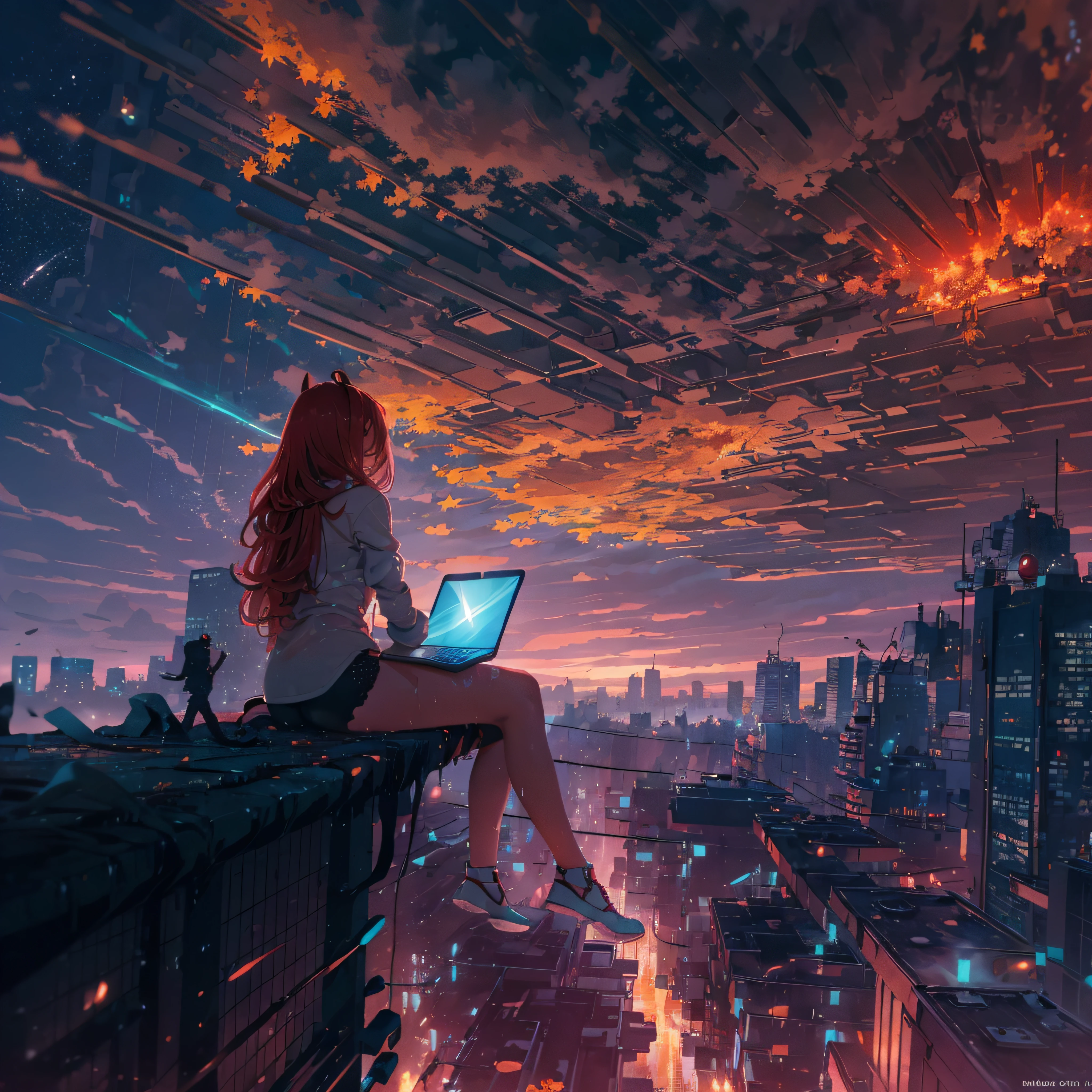 octans, sky, star (sky), scenery, starry sky, night, 1girl, night sky, solo, outdoors, building, cloud, comets, milky way, sitting, tree, bring laptop, long red hair, white shirt, golden eyes, black panties, wet, sexy, cyber city, futures, silhouette, cityscape, amazing, power, aura.